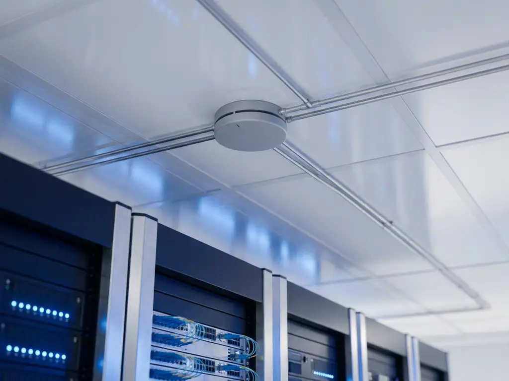 Aspirerend rookdetectiesysteem gemonteerd op plafond van serverruimte, met dunne bemonsteringspijpen boven apparatuurrekken in blauw licht.