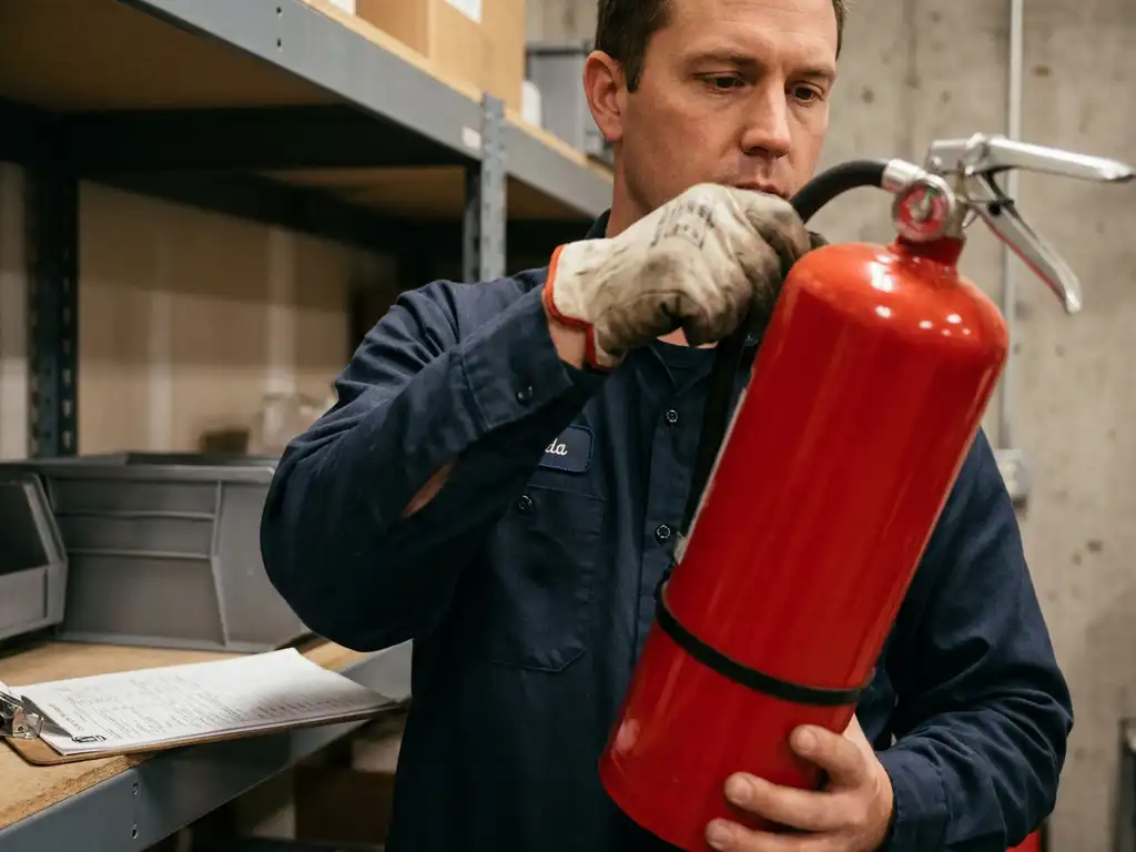 Brandveiligheidstechnicus in marineblauw uniform inspecteert rode brandblusser in industrieel magazijn.