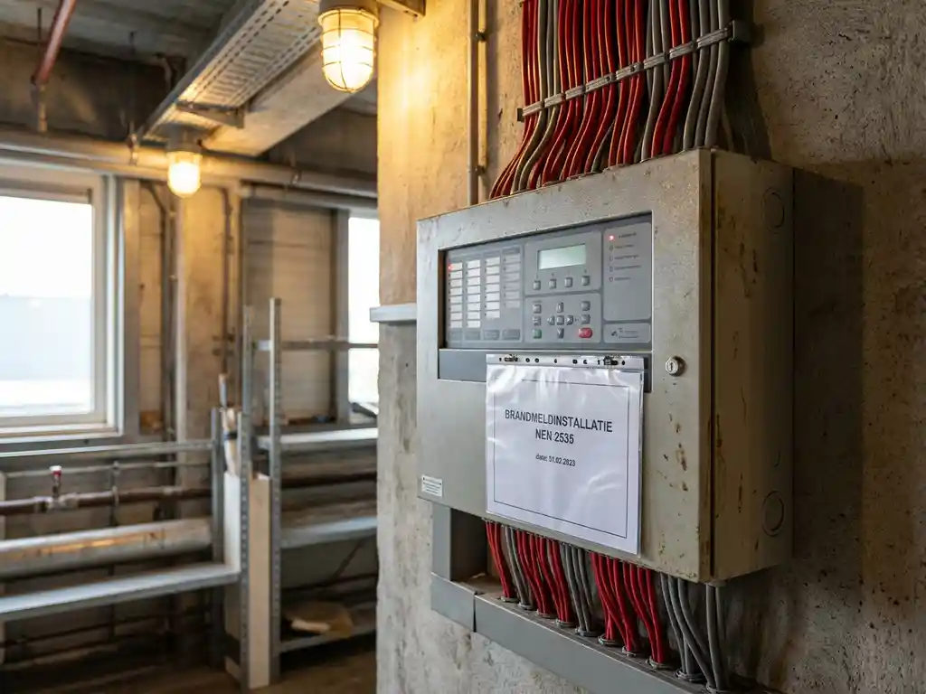Brandmeldcentrale op betonnen muur met rode en grijze kabelbundels en gelamineerd nalevingsdocument, industrieel interieur.