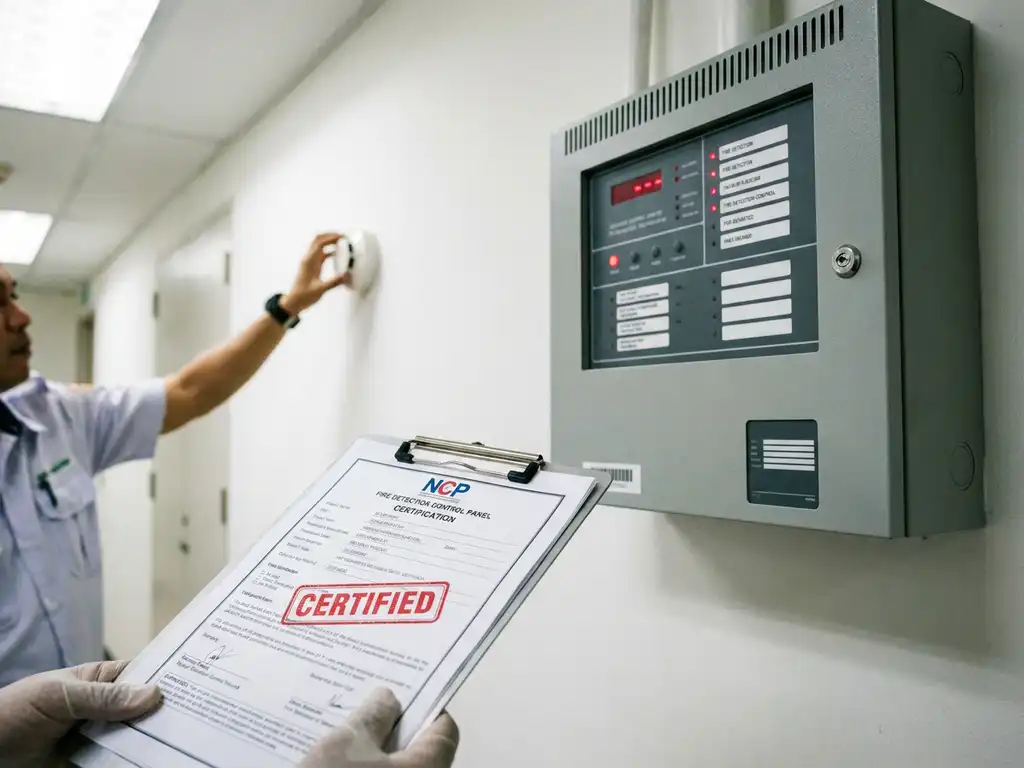 Gecertificeerd brandmeldpaneel op witte muur met NCP-certificeringsdocument op klembord op de voorgrond.