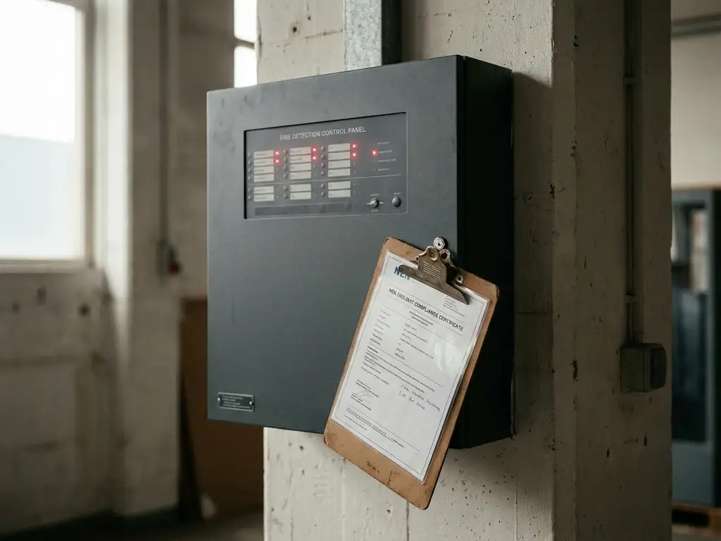 Brandmeldcentrale op industriële muur met gloeiende rode indicatielampjes en NEN-compliance document op klembord.
