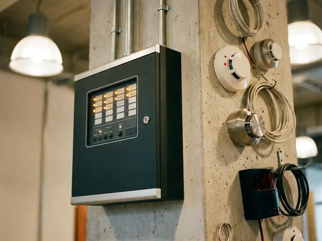 Brandbeveiligingspaneel op muur met rook-, warmte- en stralingsdetectoren, oranje noodlampjes zachtjes gloeiend.