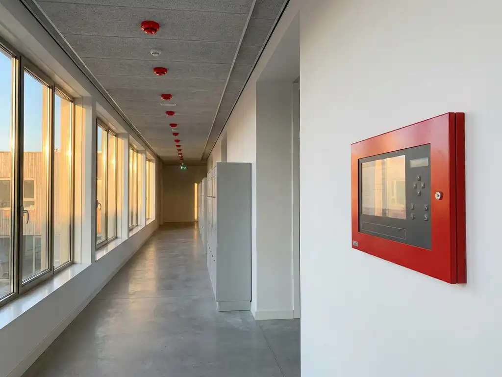 Brandbeveiligingspaneel op schoolgangmuur met rode detectoren aan het plafond en natuurlijk licht vanuit klaslokalen.