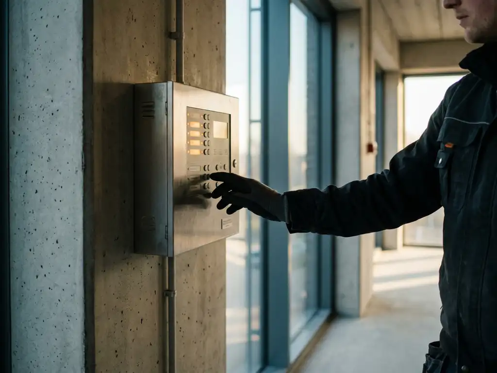 Technicus bij brandmeldcentrale op betonnen muur in Nederlands bedrijfspand, met oranje noodverlichting en detectiecomponenten.