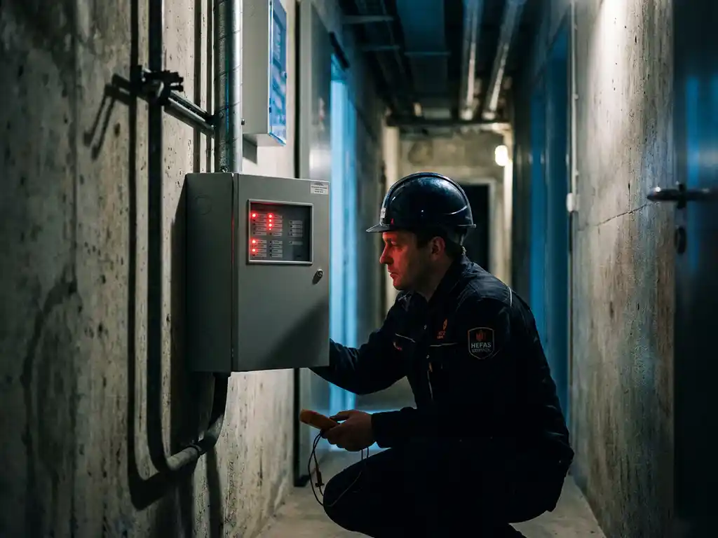 Hefas-monteur in donker uniform bij brandmeldcentrale met rode indicatielampjes in industriële gang.
