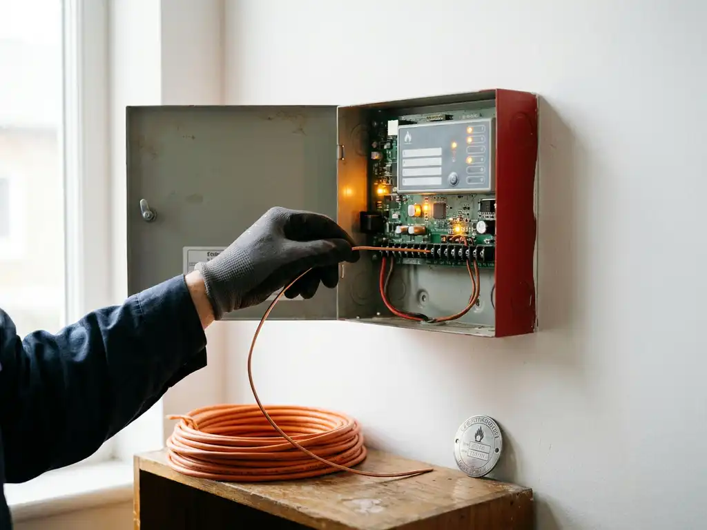 Technicus sluit koperen kabel aan op transmissiemodule van brandmeldcentrale, met gespoeld signaalkabel en certificeringsbadge op de achtergrond.
