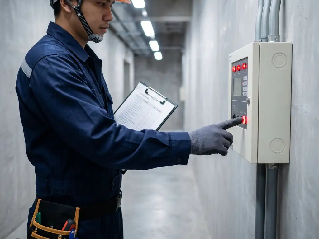 Brandveiligheidstechnicus test rookmelder door rode testknop in te drukken, klembord onder arm, industriële gang op achtergrond.
