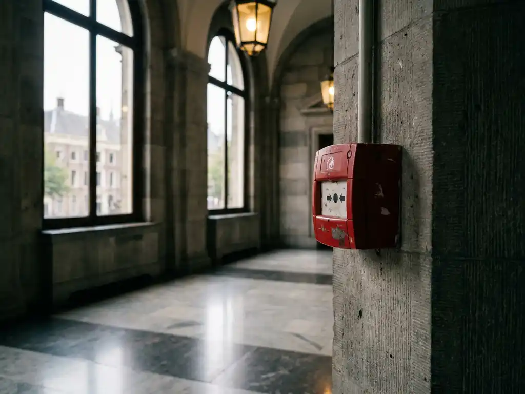 Rode brandmelddrukknop op betonnen pilaar in corridor van Nederlands overheidsgebouw met marmeren vloer.