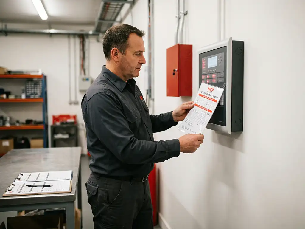Gecertificeerde inspecteur houdt NCP-nalevingsdocument vast naast brandmeldcentrale met rode indicatielampjes op witte muur.