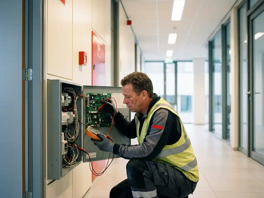 Brandmelder technicus inspecteert bekabeling in open controlepaneel met diagnostisch gereedschap in Nederlandse bedrijfsgang.