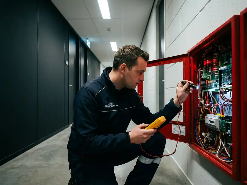 Brandmelder technicus inspecteert bedrading in open brandmeldcentrale in Nederlandse bedrijfsgang.