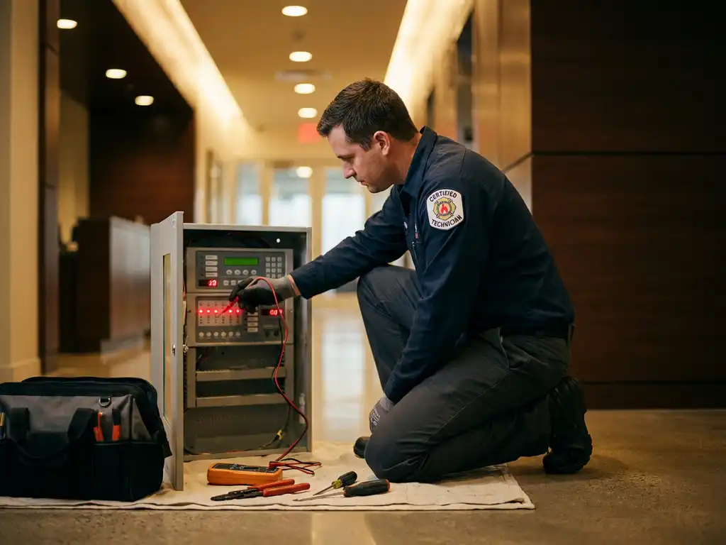 Brandmelder technicus in werkuniform bij open brandmeldcentrale in commercieel gebouw, rode indicatielampjes zichtbaar.
