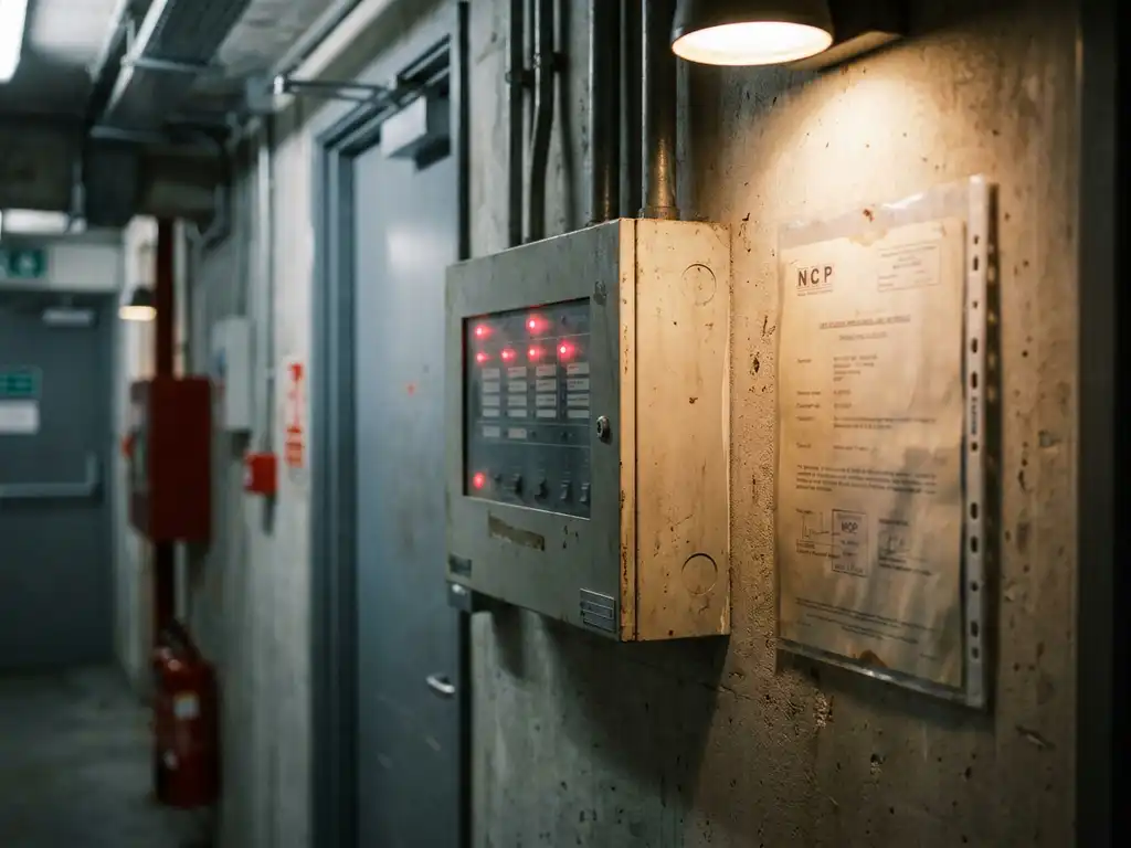 Brandmeldcentrale op betonnen wand met NCP-keuringscertificaat in documenthoes, rode indicatielampjes verlichten industriële gang.