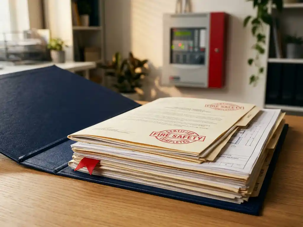 Open compliance map met brandveiligheidscertificaten en inspectierapport op bureau, brandmeldcentrale zichtbaar op achtergrond.