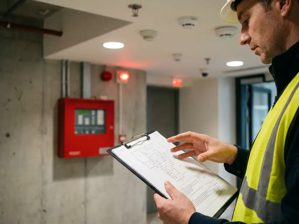 Brandveiligheidsingenieur bestudeert technisch document op klembord in commercieel gebouw met sprinklers en rookmelders.