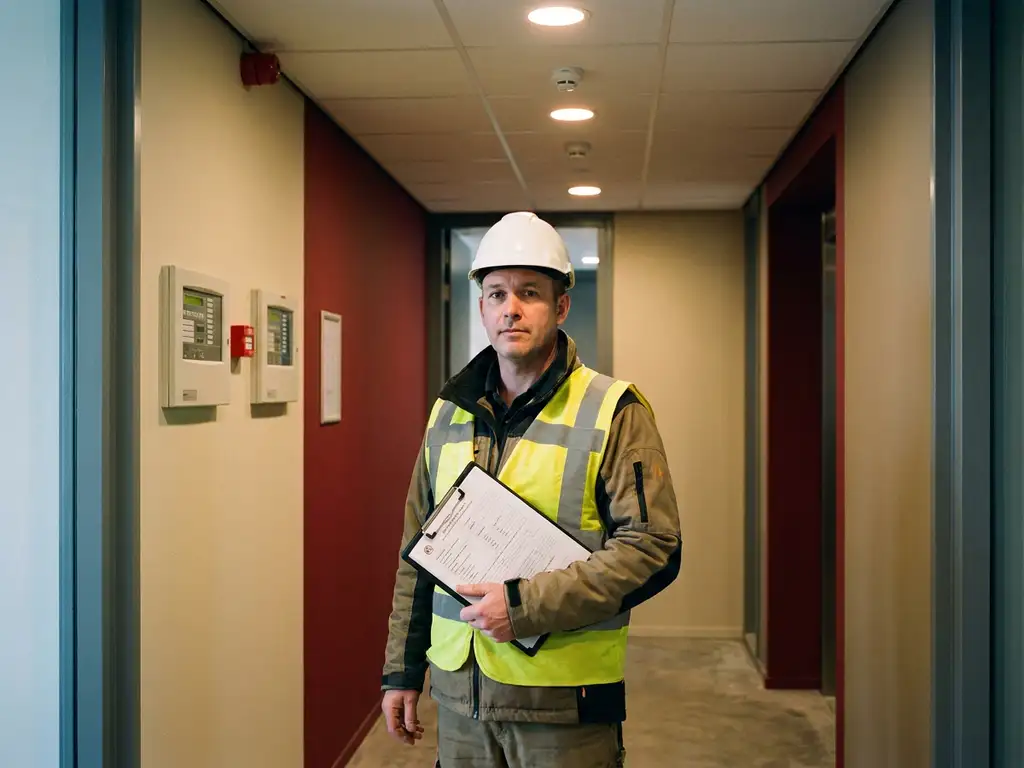 Brandveiligheidsinspecteur met helm controleert vergunningsdocumenten in Nederlandse bedrijfsgang met brandmeldpanelen en rookmelders.