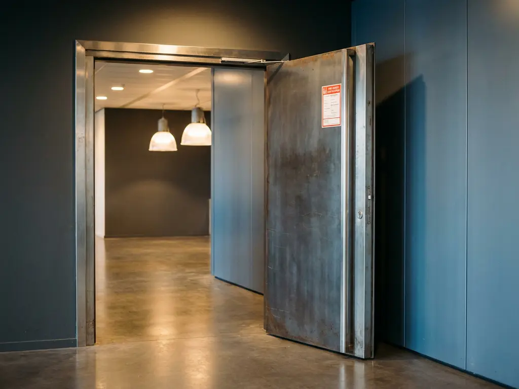 Stalen branddeur op een kier in moderne bedrijfsgang met rood brandveiligheidscertificaat op de deurstijl.
