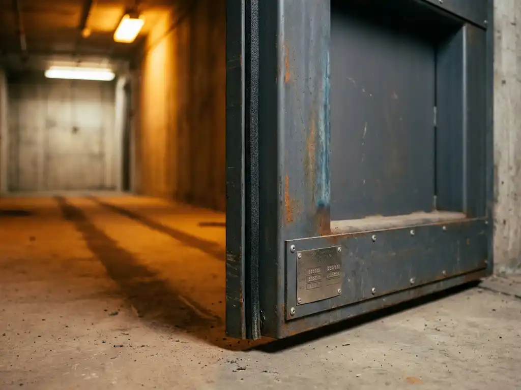 Zware stalen brandwerende deur met intumescerende afdichtingsstrip op een kier in een industriële betonnen gang, verlicht door warm oranje noodverlichting.