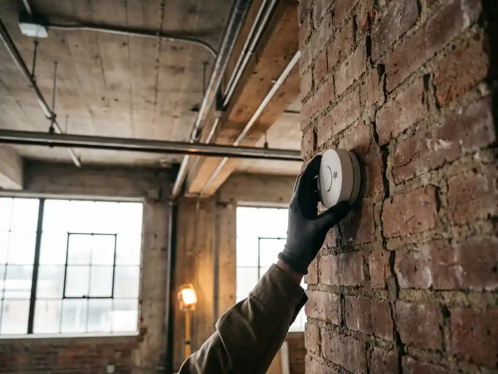 Technicus monteert draadloze rookmelder op verweerde bakstenen muur in industrieel pand met zichtbare leidingen en originele plafondbalken.