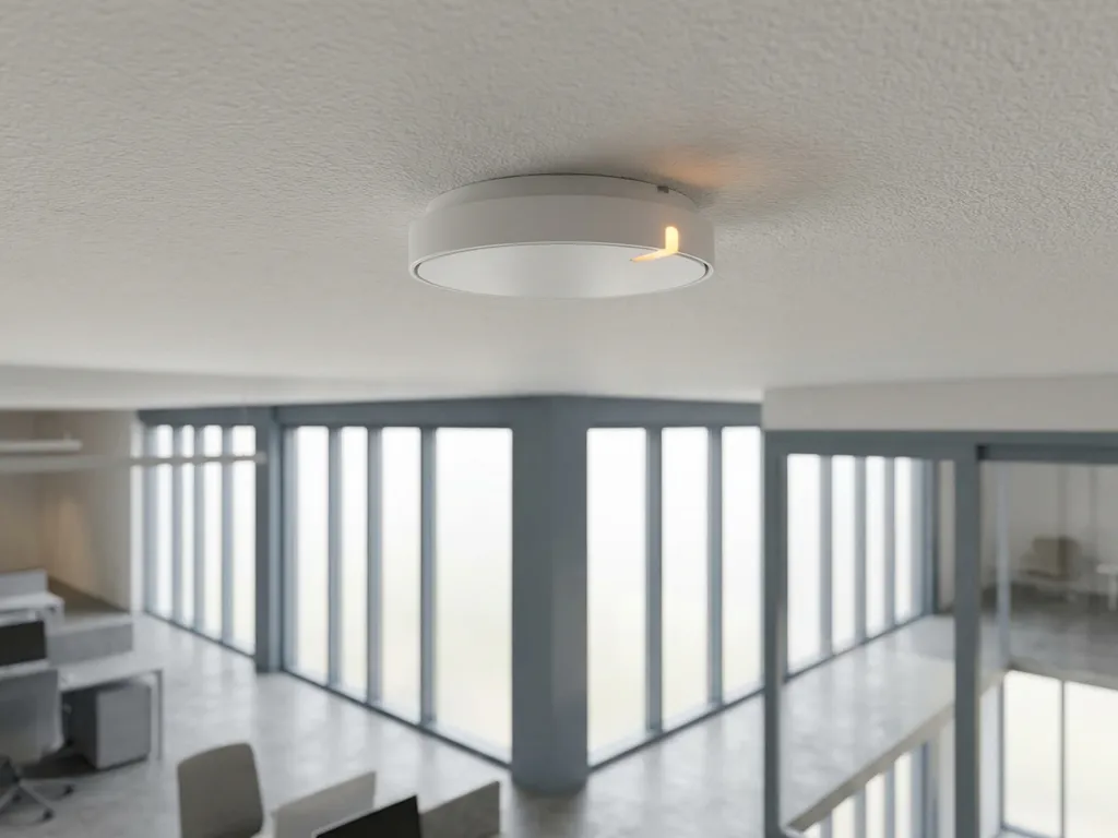 Draadloze rookmelder op wit plafond in commerciële ruimte, met oranje LED-indicator en natuurlijk licht door hoge ramen.