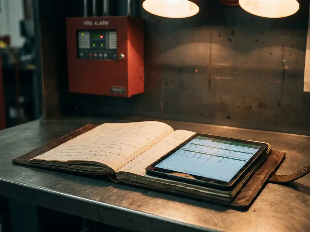 Versleten leren logboek opengeslagen op stalen werkoppervlak met tablet met onderhoudsdossiers, rood brandalarm op achtergrond.