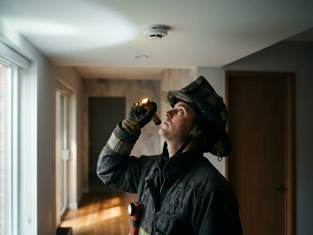 Brandweerman in beschermend pak inspecteert gecertificeerde rookmelder op wit plafond in moderne woonhallway.