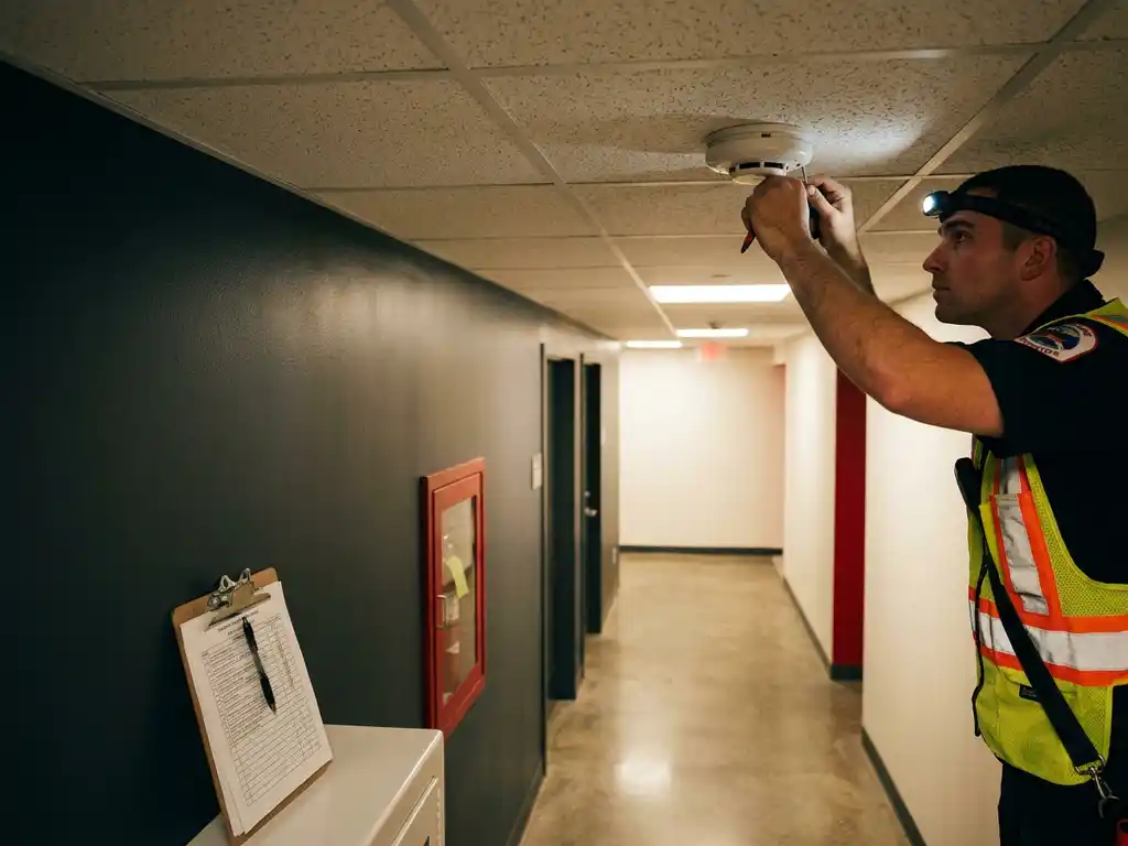 Brandmelder technicus inspecteert witte rookmelder op plafond in commerciële gang, klembord met checklist tegen de muur.