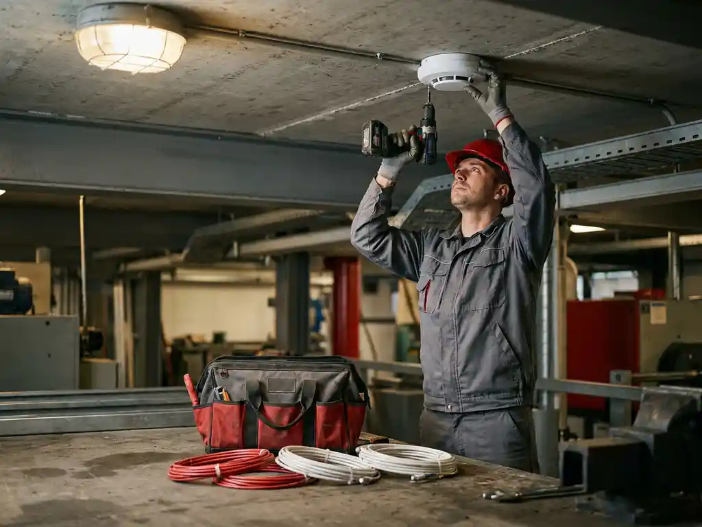 Brandmelder technicus installeert rookmelder op betonnen plafond in industriële ruimte met stalen balken.