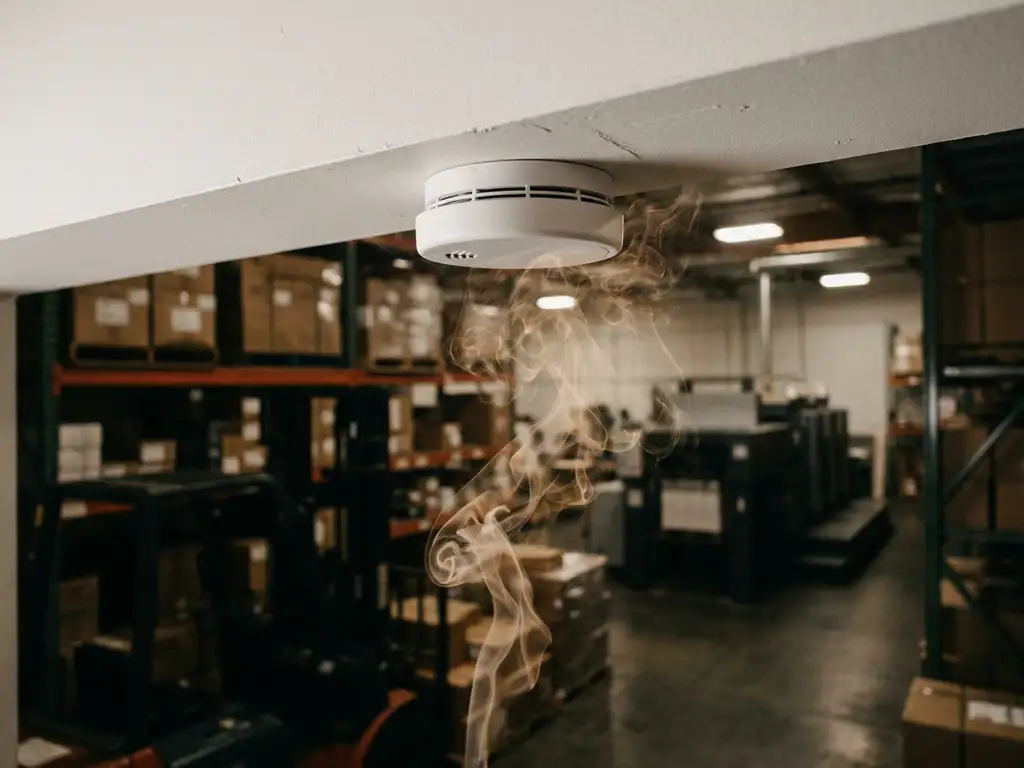 Rookmelder op wit plafond van industrieel magazijn met lichte rookpluimen die opstijgen vanuit de opslagruimte eronder.