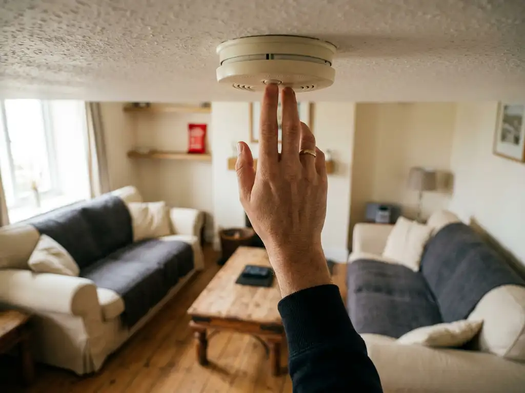 Verhuurder test een witte rookmelder op het plafond van een huurappartement met houten vloer en zachte inrichting.